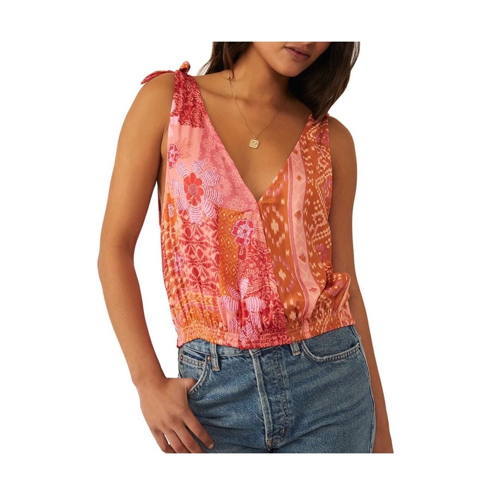 Free People Patchwork Print Tie Shoulder Smocked Surplice Tank Top Pink XS